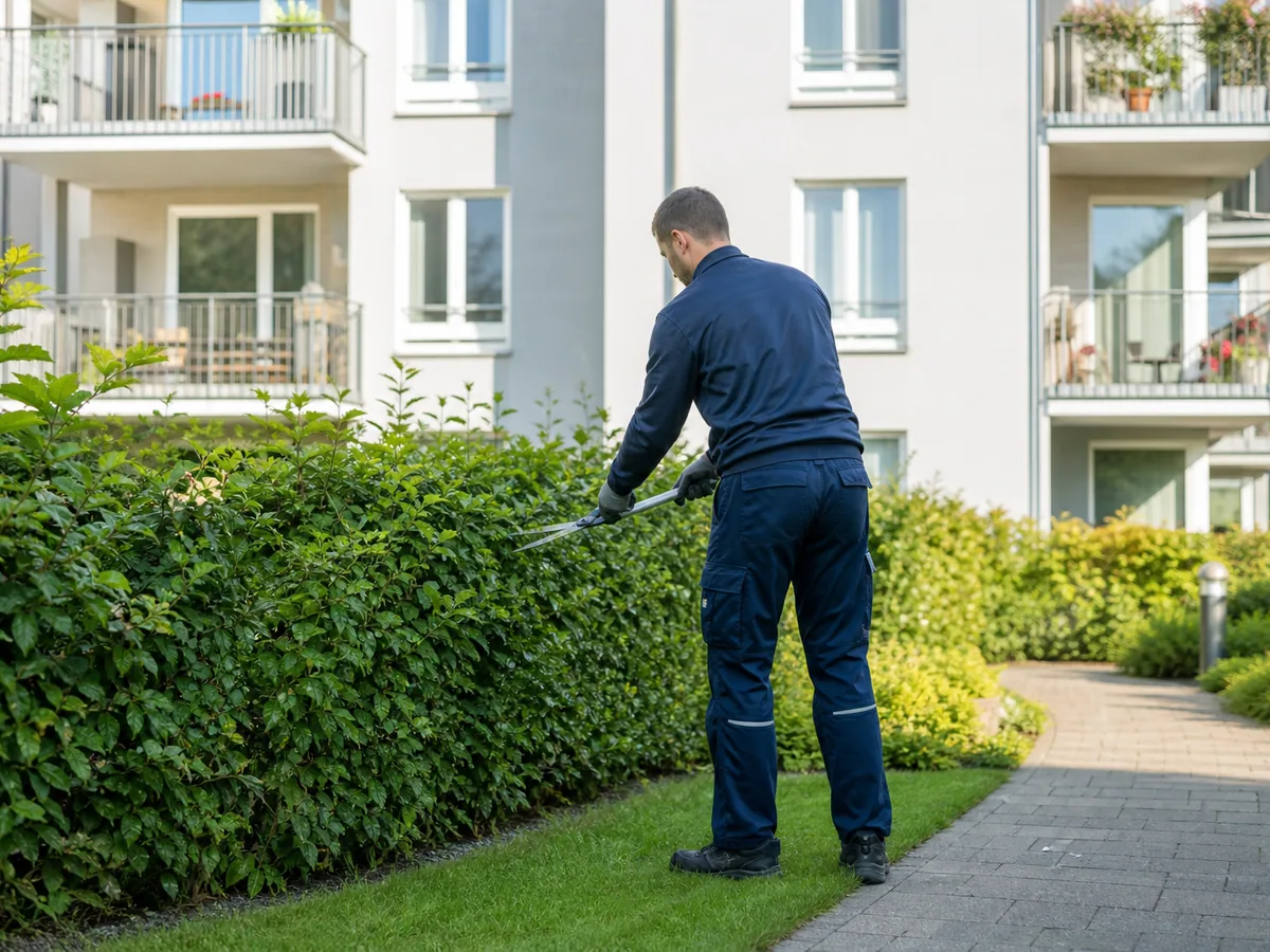 Hausmeisterservice pflegt Grünflächen an einem Wohnhaus