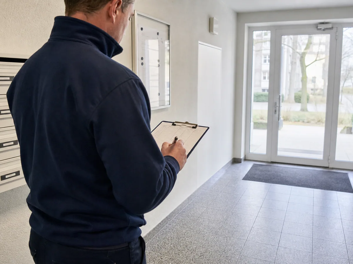 Hausmeisterservice bei der Objektkontrolle im Eingangsbereich