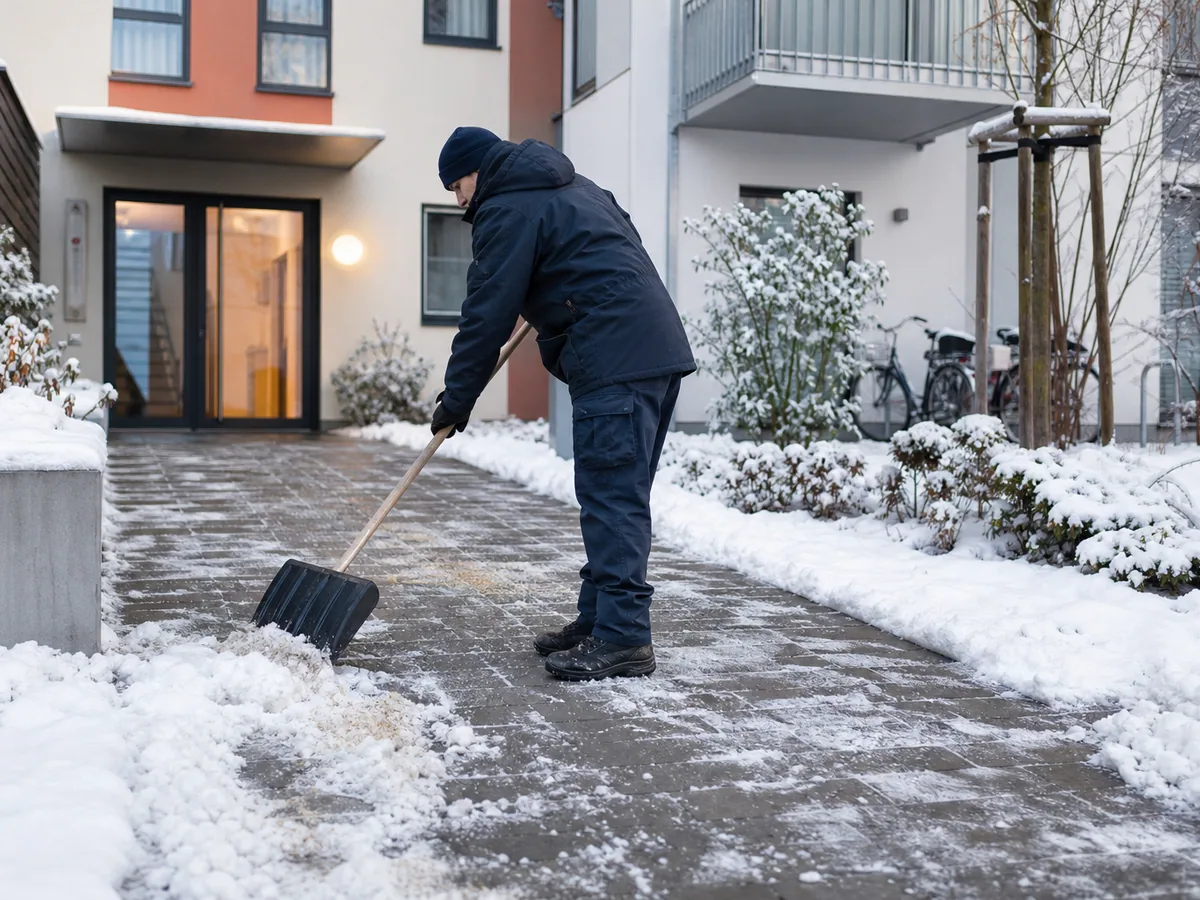 Winterdienst vor einem Wohnhaus